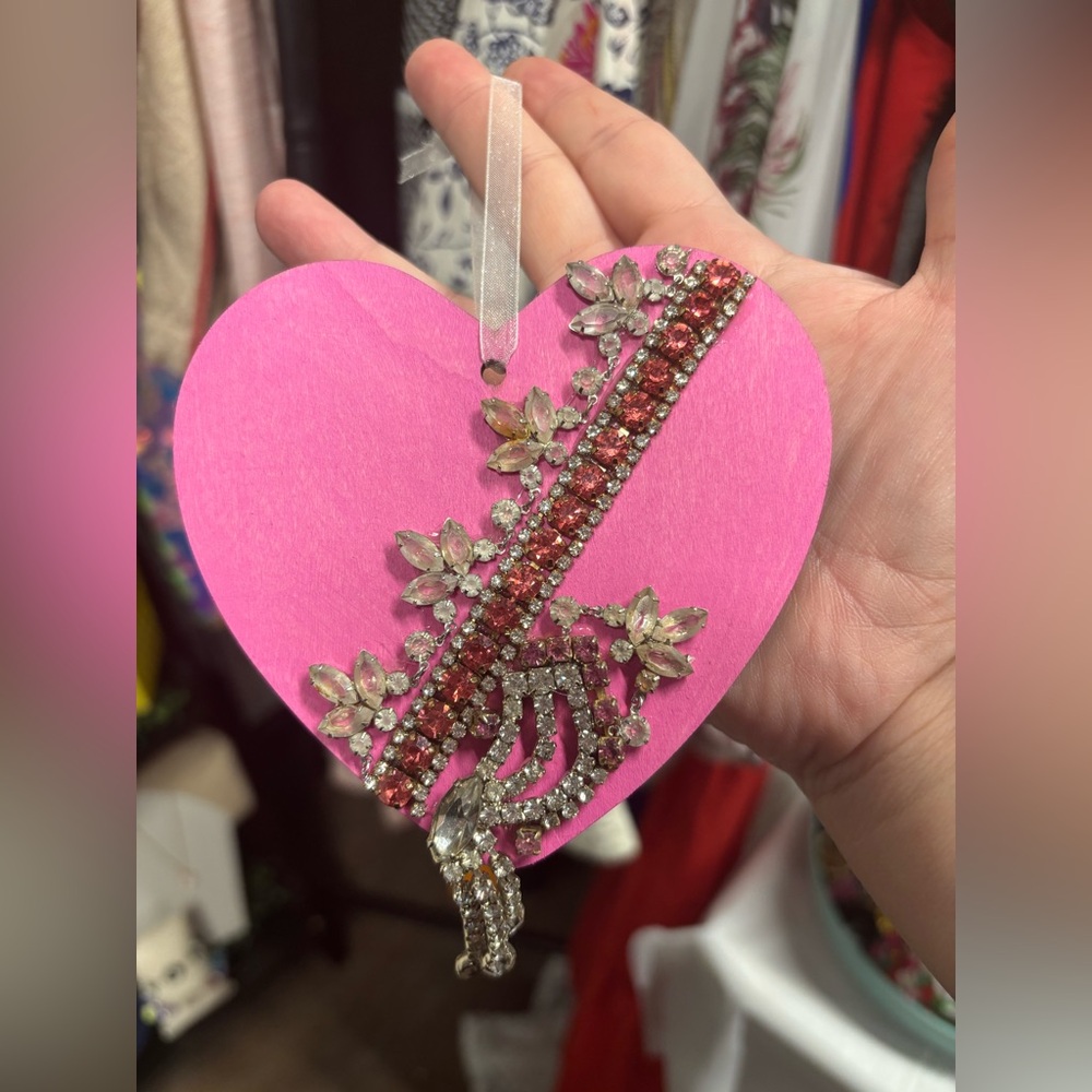 Hand Crafted Pink Heart Ornament with Rhinestone Accents